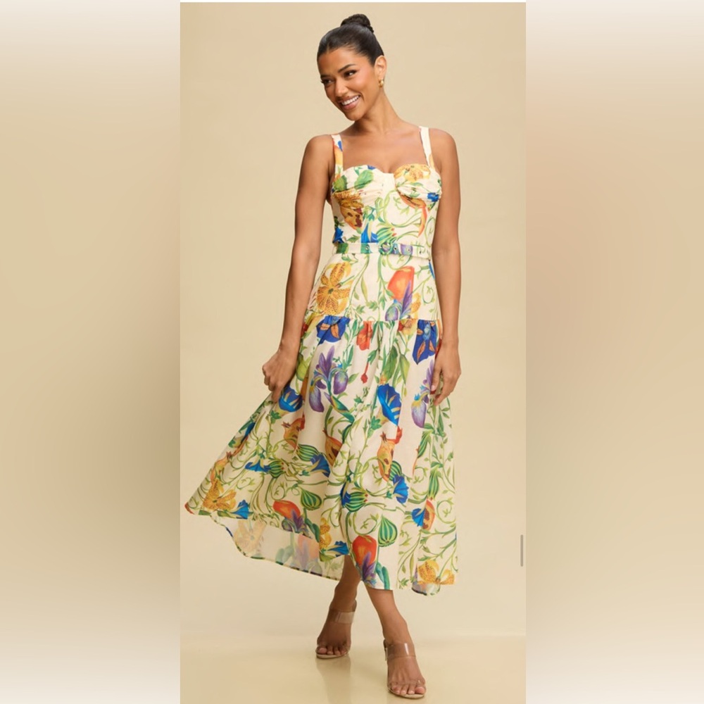 Nwt  BOTANICS BELTED MIDI‎ DRESS  Vibrant Floral Midi Dress